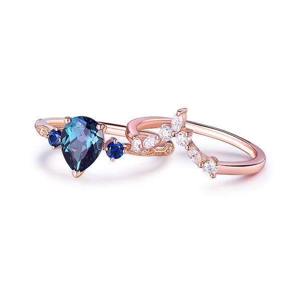 Three-Stone Pear Alexandrite Sapphire Marquise Moissanite Bridal Set 14K Rose Gold - Lord of Gem Rings