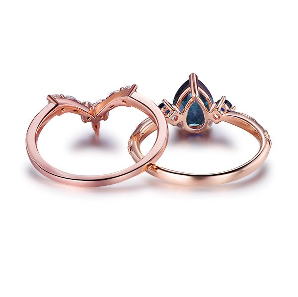 Three-Stone Pear Alexandrite Sapphire Marquise Moissanite Bridal Set 14K Rose Gold - Lord of Gem Rings