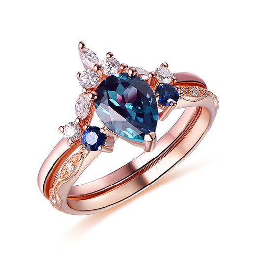 Three-Stone Pear Alexandrite Sapphire Marquise Moissanite Bridal Set 14K Rose Gold