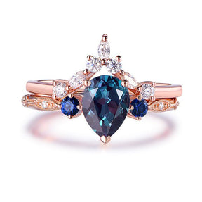Three-Stone Pear Alexandrite Sapphire Marquise Moissanite Bridal Set 14K Rose Gold - Lord of Gem Rings
