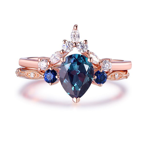 Three-Stone Pear Alexandrite Sapphire Marquise Moissanite Bridal Set 14K Rose Gold - Lord of Gem Rings