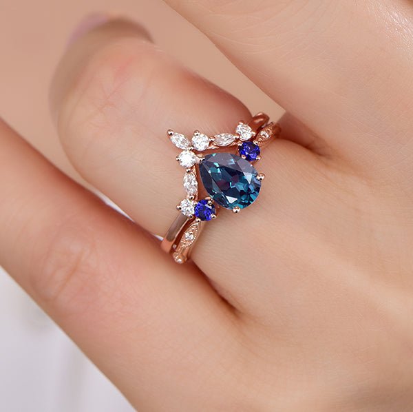 Three-Stone Pear Alexandrite Sapphire Marquise Moissanite Bridal Set 14K Rose Gold - Lord of Gem Rings