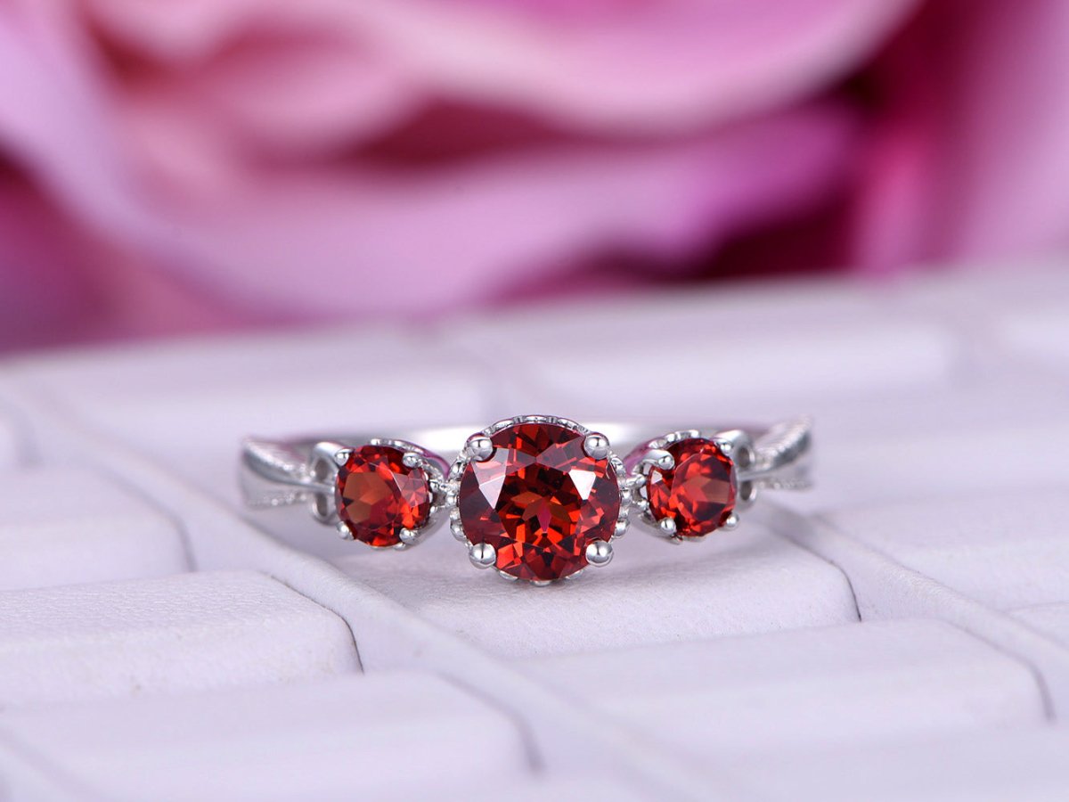 Three-Stone Round Garnet Engagement Ring 14K White Gold - Lord of Gem Rings