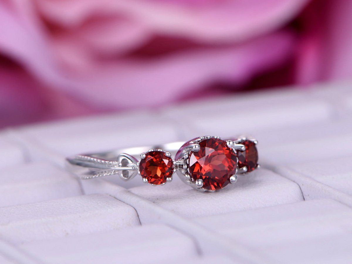 Three-Stone Round Garnet Engagement Ring 14K White Gold - Lord of Gem Rings