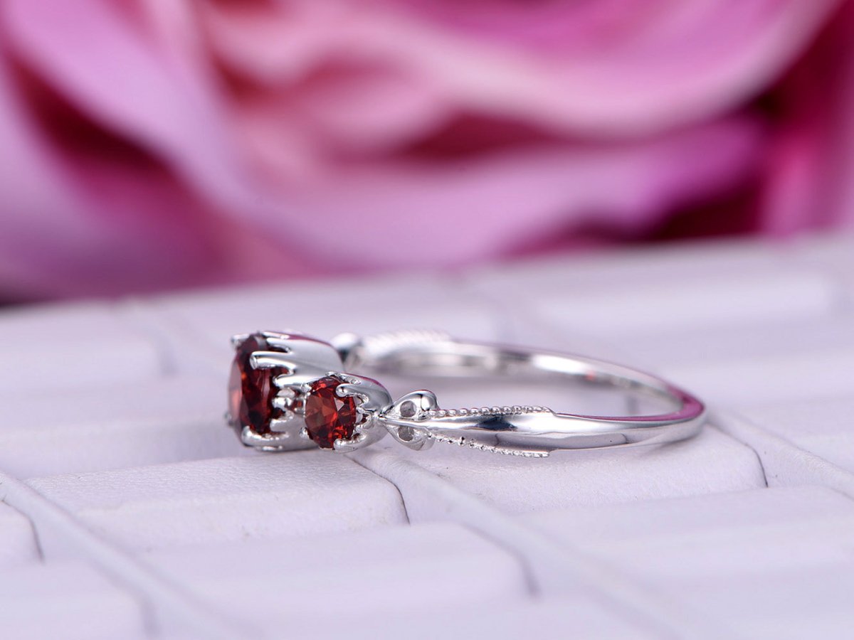 Three-Stone Round Garnet Engagement Ring 14K White Gold - Lord of Gem Rings