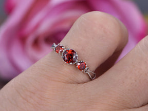 Three-Stone Round Garnet Engagement Ring 14K White Gold - Lord of Gem Rings