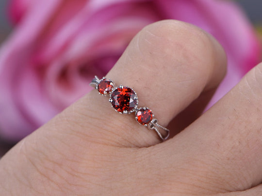 Three-Stone Round Garnet Engagement Ring 14K White Gold