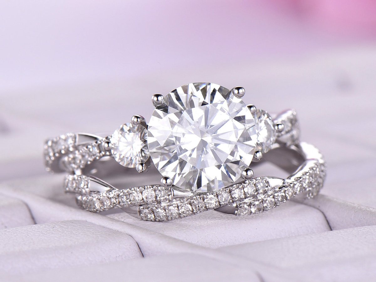 Three-Stone Round Moissanite Twisted Bridal Set - Lord of Gem Rings