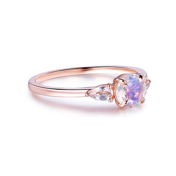 Three-Stone Round Moonstone Trillion White Topaz Engagement Ring - Lord of Gem Rings