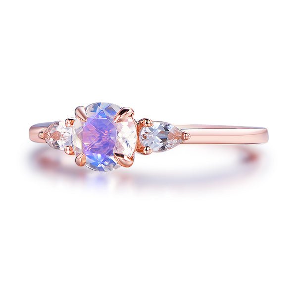 Three-Stone Round Moonstone Trillion White Topaz Engagement Ring - Lord of Gem Rings