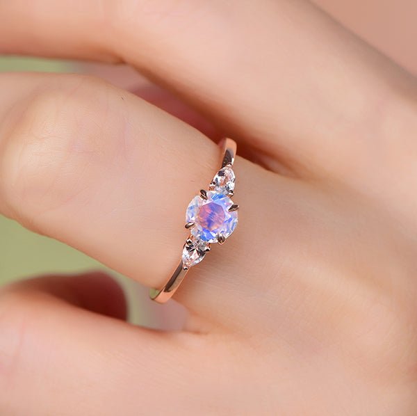 Three-Stone Round Moonstone Trillion White Topaz Engagement Ring - Lord of Gem Rings