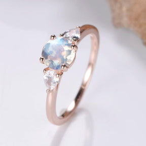 Three-Stone Round Moonstone Trillion White Topaz Engagement Ring - Lord of Gem Rings