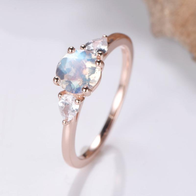 Three-Stone Round Moonstone Trillion White Topaz Engagement Ring - Lord of Gem Rings