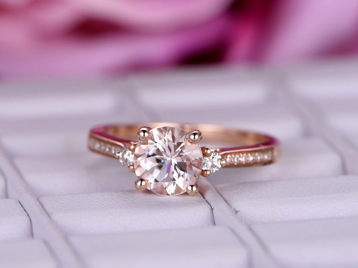 Three-Stone Round Morganite Diamond Engagement Ring - Lord of Gem Rings