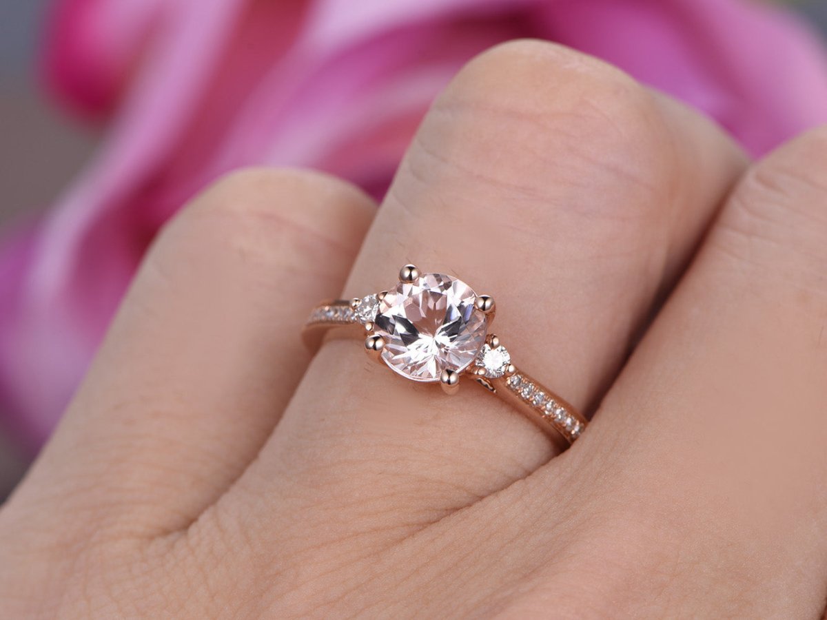 Three-Stone Round Morganite Diamond Engagement Ring - Lord of Gem Rings
