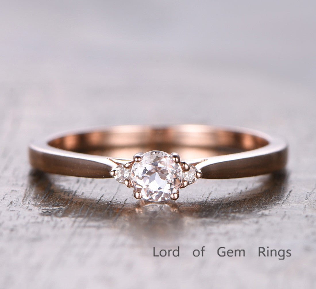 Three-Stone Round Morganite Moissanite Ring 14K Rose Gold - Lord of Gem Rings