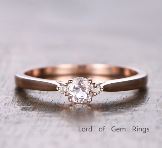 Three-Stone Round Morganite Moissanite Ring 14K Rose Gold