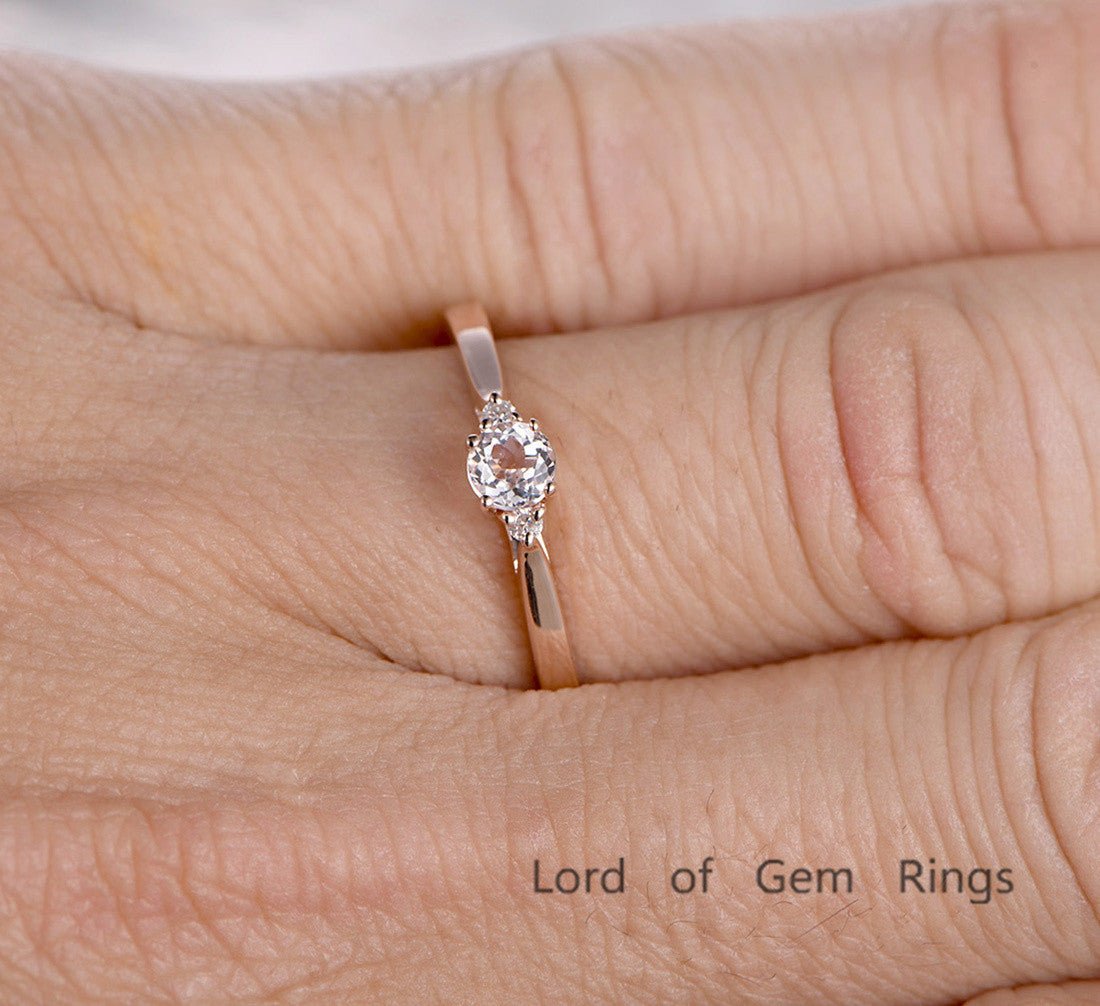 Three-Stone Round Morganite Moissanite Ring 14K Rose Gold - Lord of Gem Rings