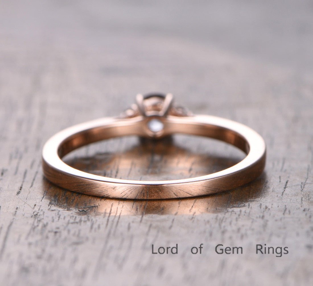 Three-Stone Round Morganite Moissanite Ring 14K Rose Gold - Lord of Gem Rings