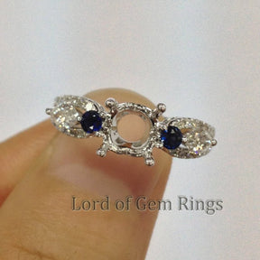 Three stones 6.5mm Round Cut Sapphire diamonds Semi Mount 14k white Gold - Lord of Gem Rings