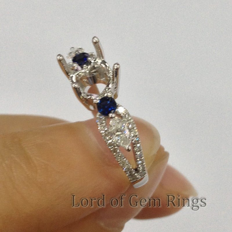 Three stones 6.5mm Round Cut Sapphire diamonds Semi Mount 14k white Gold - Lord of Gem Rings