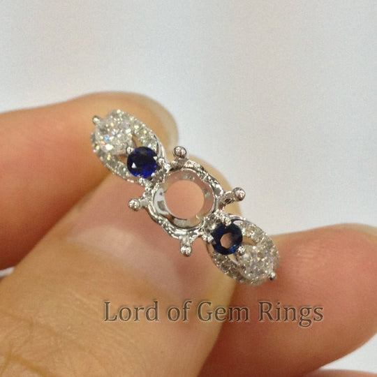 Three stones 6.5mm Round Cut Sapphire diamonds Semi Mount 14k white Gold