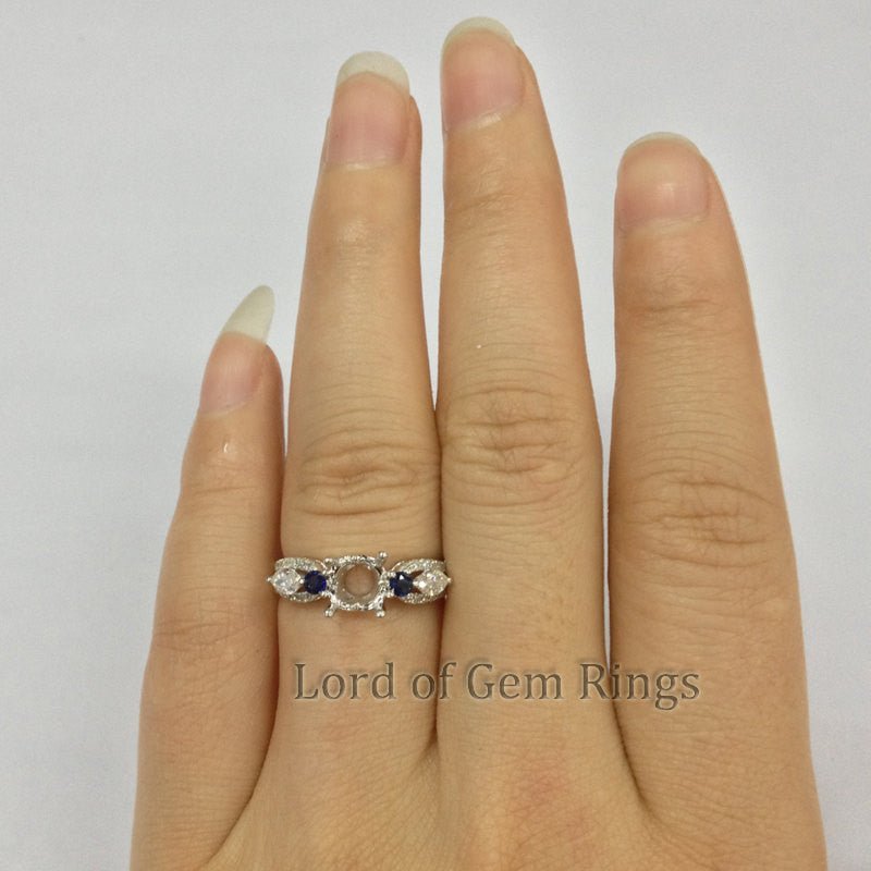 Three stones 6.5mm Round Cut Sapphire diamonds Semi Mount 14k white Gold - Lord of Gem Rings
