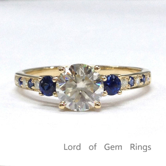 Three Stones Round Moissanite Sapphire Engagement Ring