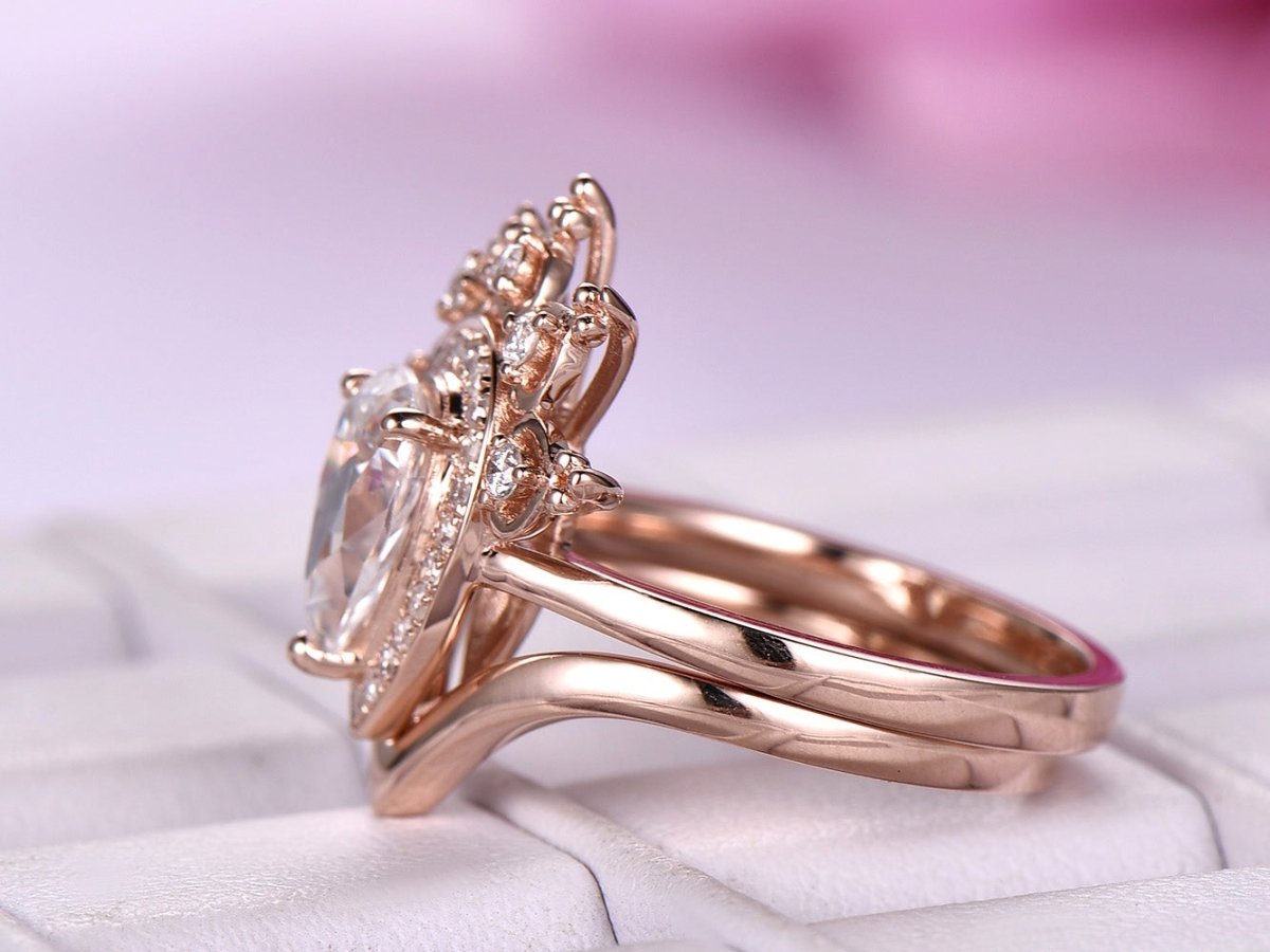 Tiara Diamond Halo Pear Moissanite Ring Plain Chevron Band Bridal Set - Lord of Gem Rings