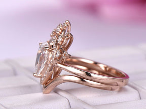 Tiara Diamond Halo Pear Moissanite Ring Plain Chevron Band Bridal Set - Lord of Gem Rings