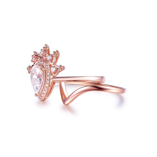 Tiara Diamond Halo Pear Moissanite Ring Plain Chevron Band Bridal Set - Lord of Gem Rings