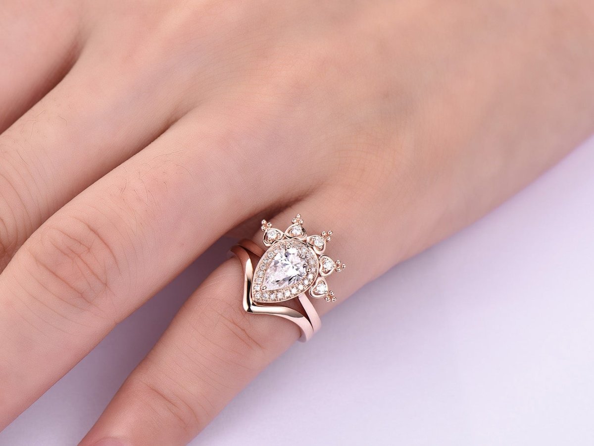 Tiara Diamond Halo Pear Moissanite Ring Plain Chevron Band Bridal Set - Lord of Gem Rings