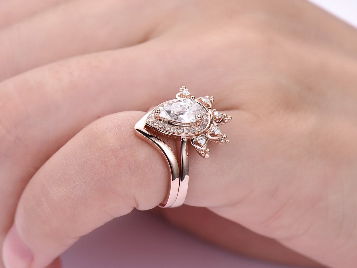 Tiara Diamond Halo Pear Moissanite Ring Plain Chevron Band Bridal Set - Lord of Gem Rings