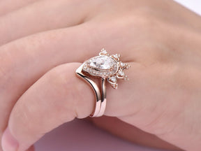 Tiara Diamond Halo Pear Moissanite Ring Plain Chevron Band Bridal Set - Lord of Gem Rings