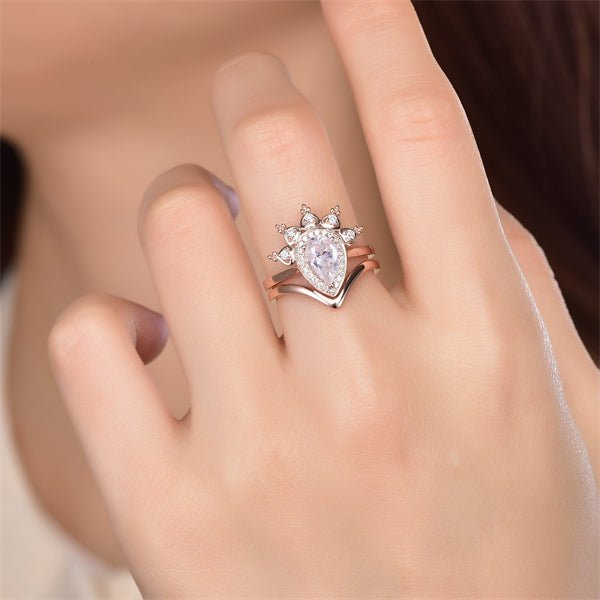 Tiara Diamond Halo Pear Moissanite Ring Plain Chevron Band Bridal Set - Lord of Gem Rings