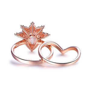 Tiara Diamond Halo Pear Moissanite Ring Plain Chevron Band Bridal Set - Lord of Gem Rings