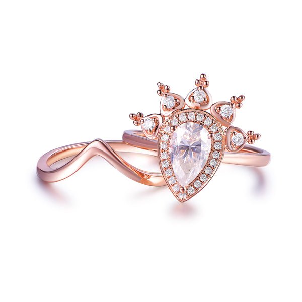Tiara Diamond Halo Pear Moissanite Ring Plain Chevron Band Bridal Set - Lord of Gem Rings