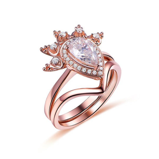 Tiara Diamond Halo Pear Moissanite Ring Plain Chevron Band Bridal Set