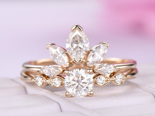 Tiara Round Moissanite Engagement Ring  Bridal Set