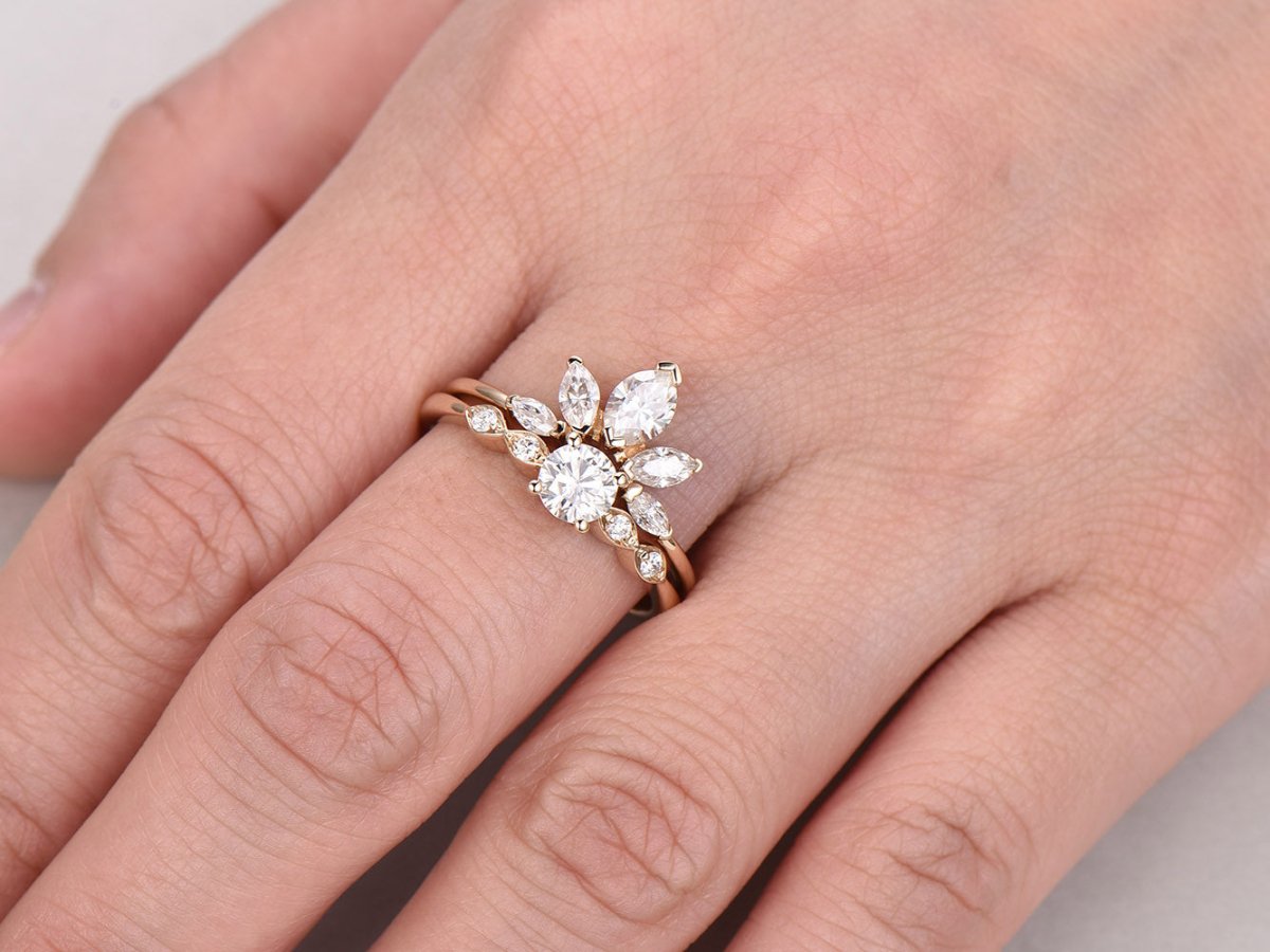 Tiara Round Moissanite Engagement Ring Bridal Set - Lord of Gem Rings