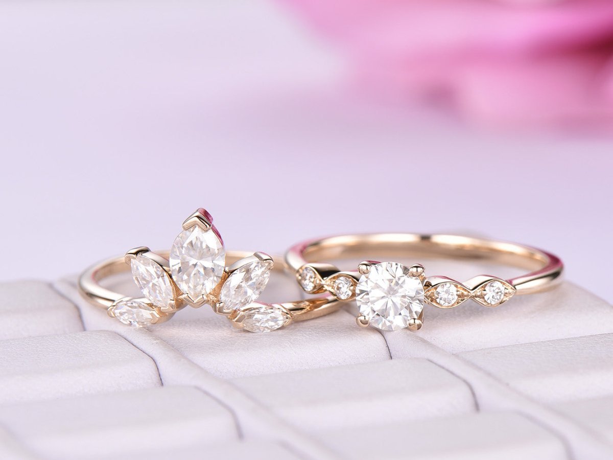 Tiara Round Moissanite Engagement Ring Bridal Set - Lord of Gem Rings