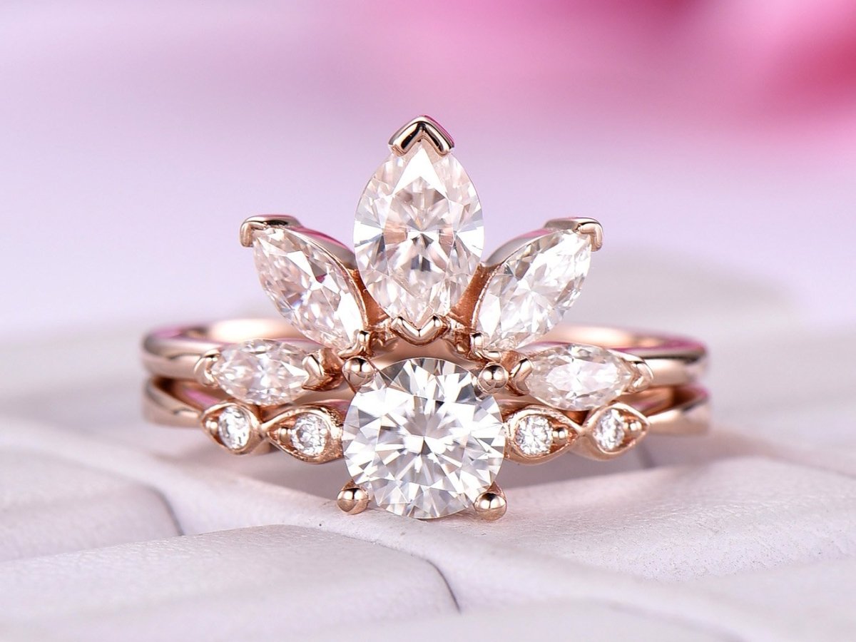 Tiara Round Moissanite Engagement Ring Bridal Set - Lord of Gem Rings