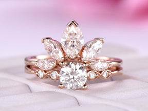 Tiara Round Moissanite Engagement Ring Bridal Set - Lord of Gem Rings