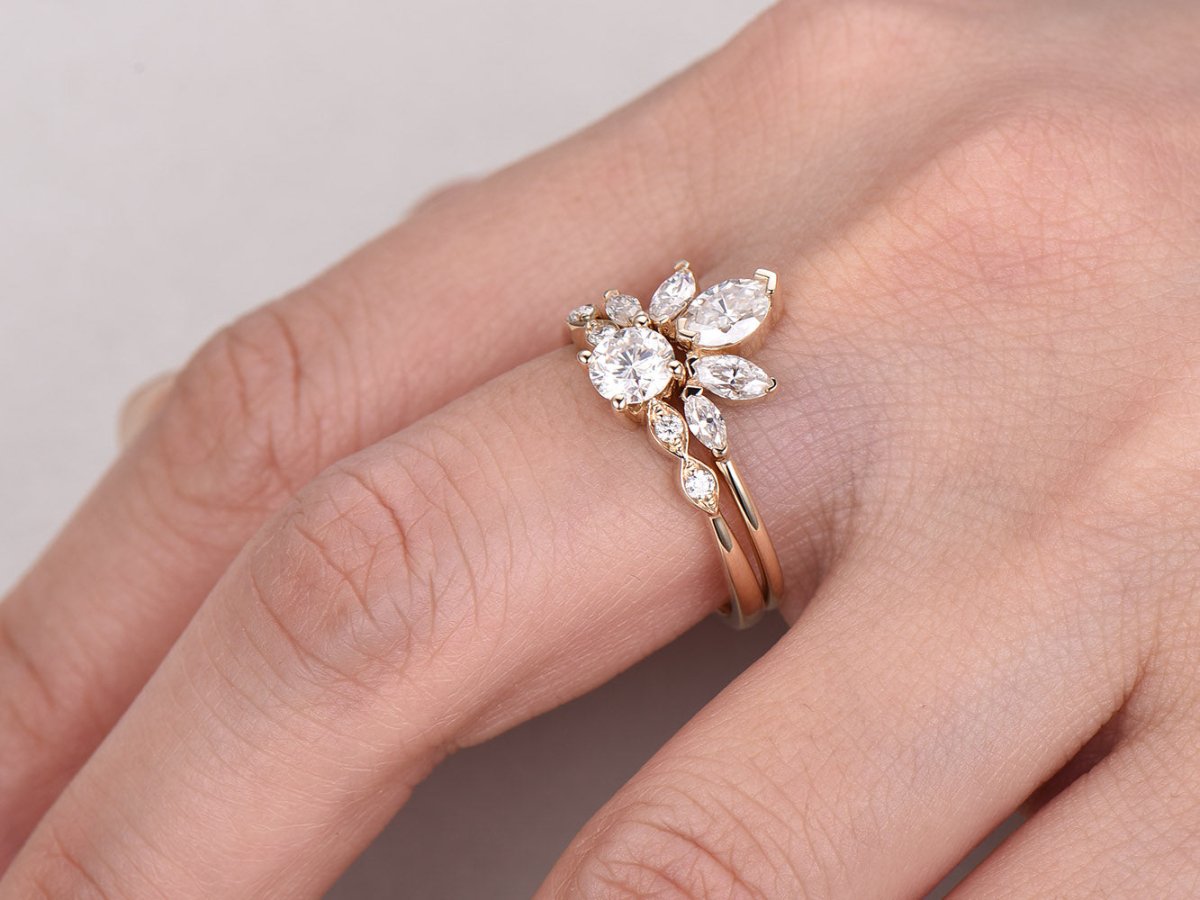 Tiara Round Moissanite Engagement Ring Bridal Set - Lord of Gem Rings