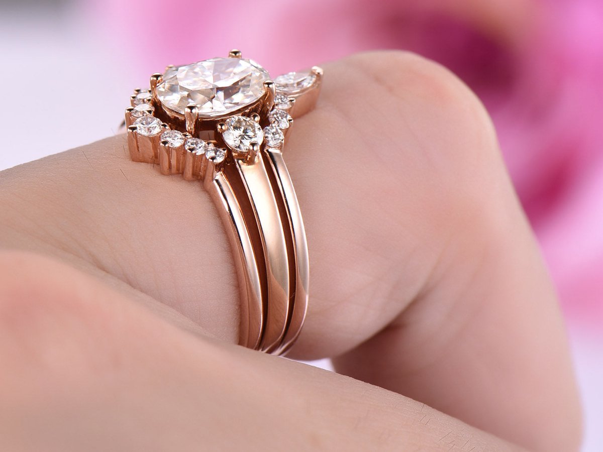 Tiara Three-Stone Oval Moissanite Ring Trio Bridal Set - Lord of Gem Rings