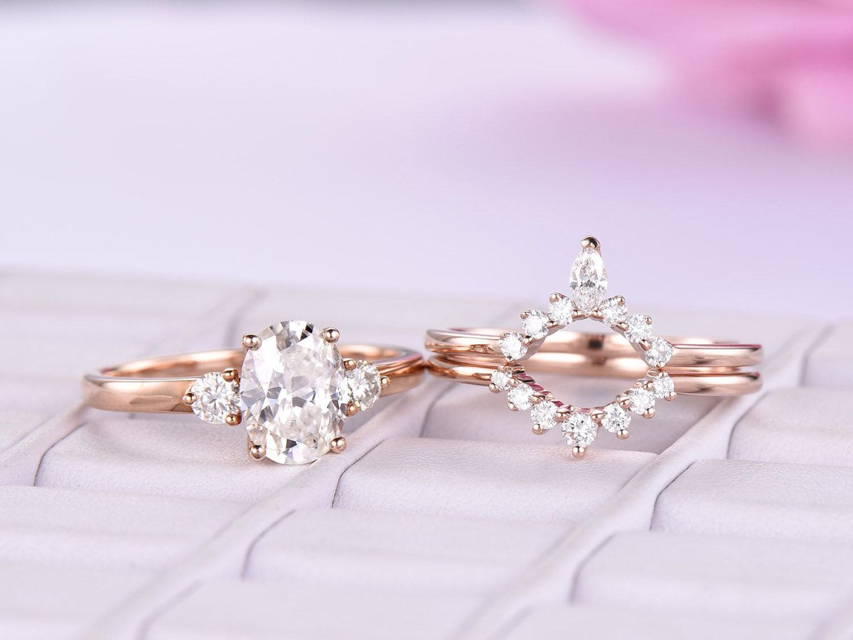 Tiara Three-Stone Oval Moissanite Ring Trio Bridal Set - Lord of Gem Rings