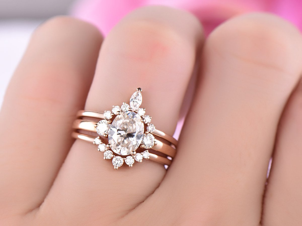 Tiara Three-Stone Oval Moissanite Ring Trio Bridal Set - Lord of Gem Rings
