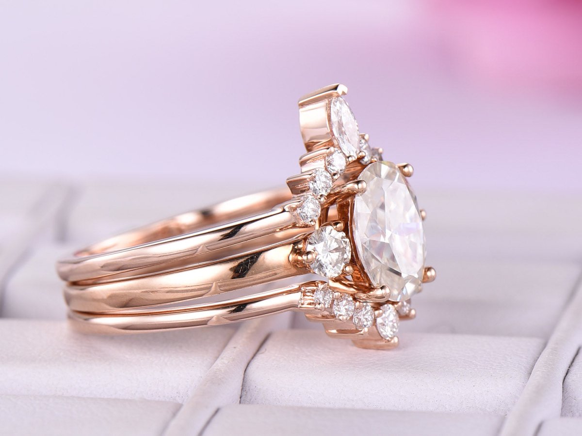 Tiara Three-Stone Oval Moissanite Ring Trio Bridal Set - Lord of Gem Rings