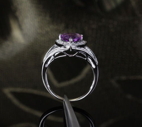 Trillion Amethyst Diamond Split Shank Engagement Ring 14k White Gold - Lord of Gem Rings