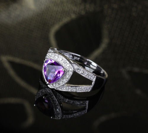 Trillion Amethyst Diamond Split Shank Engagement Ring 14k White Gold - Lord of Gem Rings